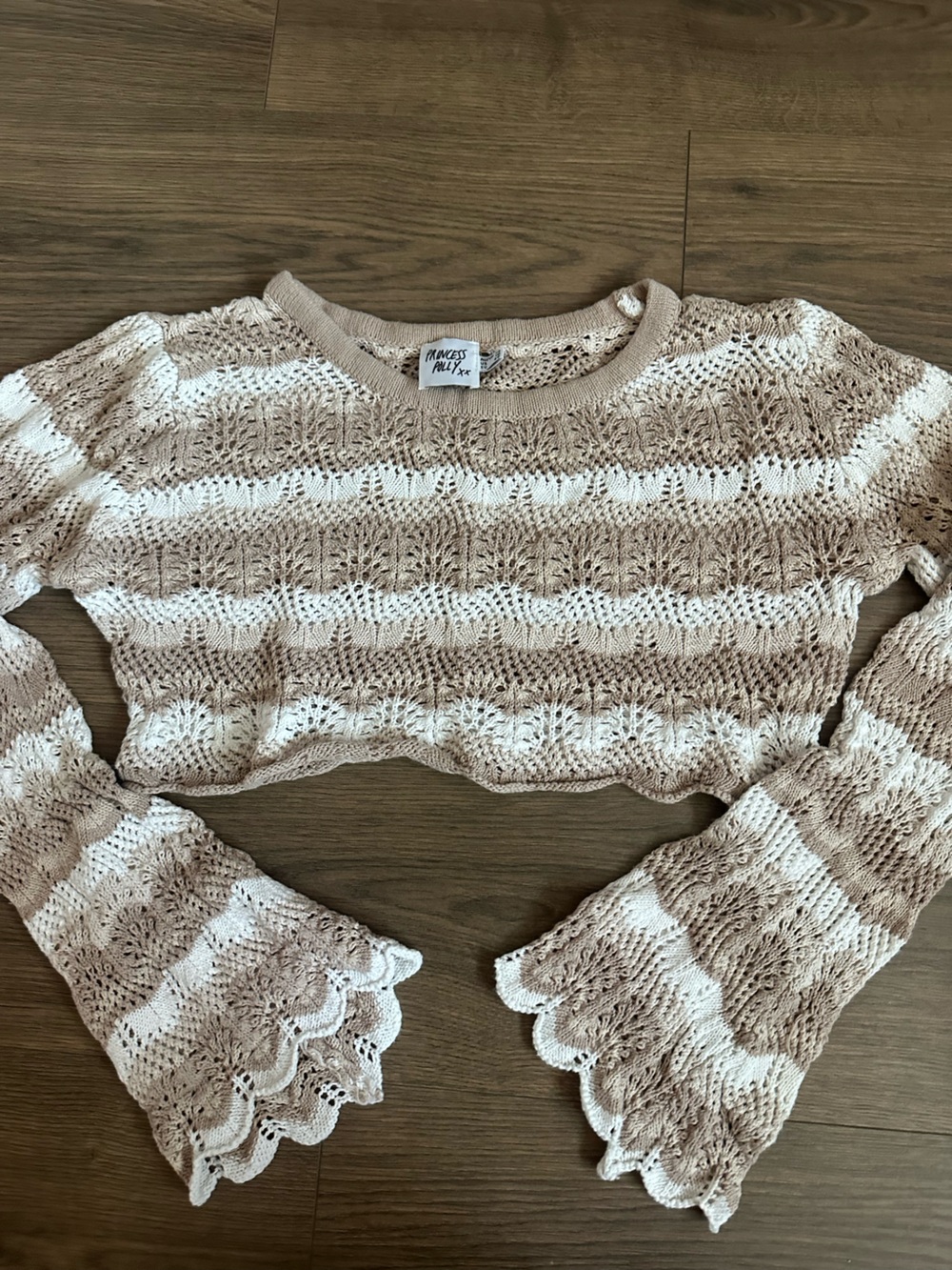Princess Polly Open-Knit Stripe Pullover in Cream and Tan